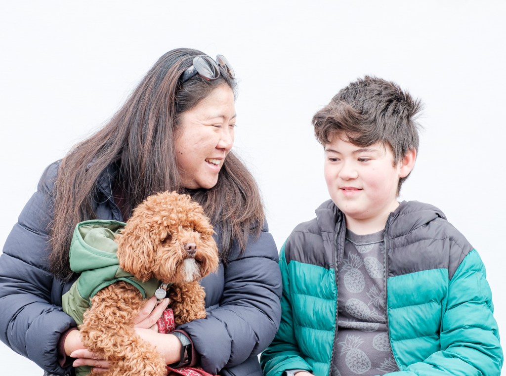 Woman, child and dog